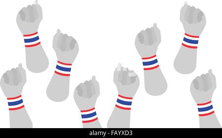 People Clenched Fist Raised Up in The Air with Red, White and Blue Stripe of Thailand Flag Wristband Democraycy Symbol for Again Stock Vector