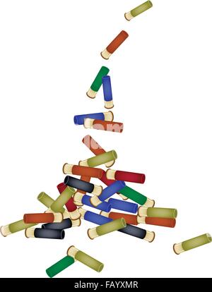 Gun Accessory, A Pile of Shotgun Shells in Various Colors Dropped from The Air on A Floor Isolated on White Background. Stock Vector