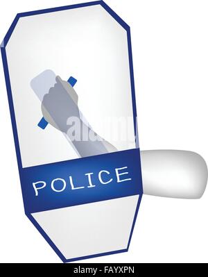 Security Concept, An Illustration of Hand Holding A Blue Police Shield or A Riot Shield Isolate on A White Background. Stock Vector