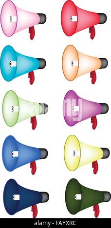 An Illustration Collection Various Colors of Megaphones, Bullhorn or Loudspeakers in Red, Blue and White Colors Isolated on A Wh Stock Vector