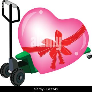 Love Concept of Green Fork Pallet Truck Loading A Lovely Heart with Red Ribbon and Bow, A Perfect Gift or Present for Someone Sp Stock Vector