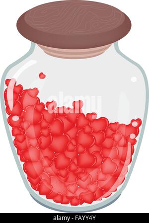 Love Concept, An Illustration of Beautiful Red Hearts in A Glass Jar Isolated on White Background Stock Vector