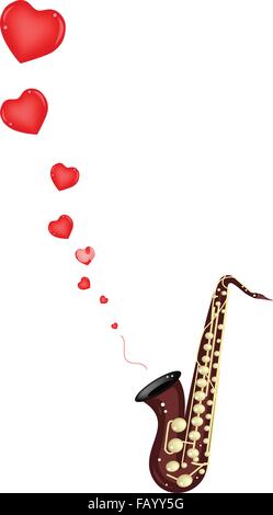 Love Concept, Golden Vintage Bass Saxophone Playing A Romantic Music on Brown Stage Background with Copy Space for Text Decorate Stock Vector