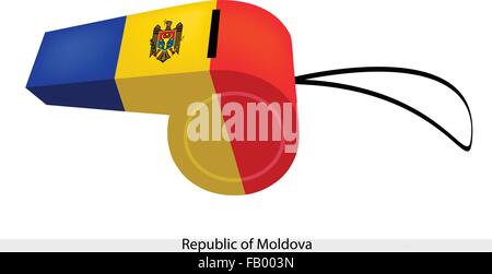 A Coat of Arms on A Vertical Blue, Yellow and Red Bands of The Republic of Moldova Flag on A Whistle, The Sport Concept and Poli Stock Vector