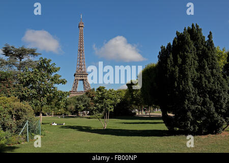 Looking towards the Eiffel Tower from the Jardin du Champ de Mars, Paris, France. Stock Photo