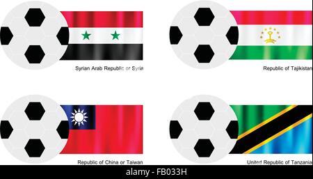 Soccer Balls or Footballs with Flags of Syrian Arab Republic or Syria, Tajikistan, Republic of China or Taiwan or Tanzania Isola Stock Vector