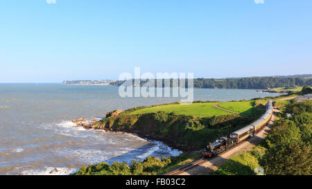 7820 Dinmore Manor hauls a train along the coast at Saltern Cove towards Paignton station on the Dartmouth Steam Railway, Devon Stock Photo