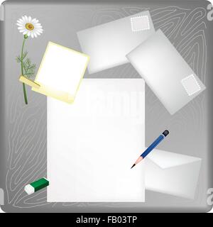 A Sharpened Pencil, Eraser and  Empty Instant Photo with A White Daisy Lying on Blank Paper with A Postcard and A Letter on Grey Stock Vector