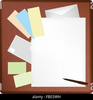 A Ballpoint Pen and Adhesive Note Lying on Blank Paper with A Postcard and Envelope on Dark Brown Wooden Table. Stock Vector