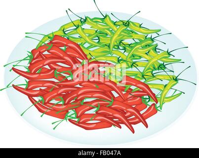 Vector Illustration of Fresh Red Hot Chili Pepper and Green Hot Chili Pepper in A White Dish Isolated on White Backgrounds. Stock Vector