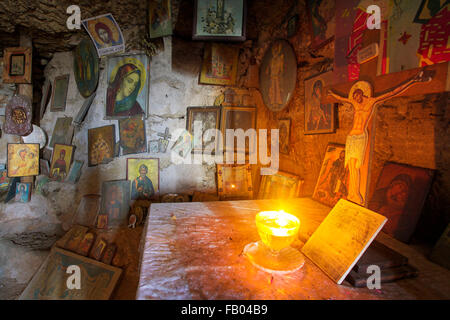 Altar in the cave, Rhodes Island, Greece, Dodecanese Stock Photo