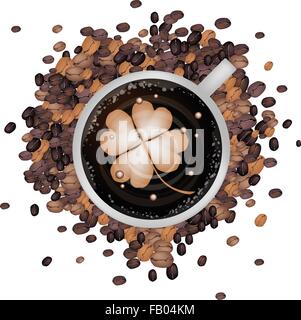 Coffee Time, Vector Illustration of Latte Art of Milk Cream Drawing Four Leaf Clover Plants or Shamrock on A Cup of Coffee Isola Stock Vector