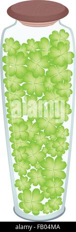 Symbols for Fortune and Luck, Vector Illustration of Fresh Four Leaf Clover Plants or Shamrock in A Tall Glass Jar for St. Patri Stock Vector
