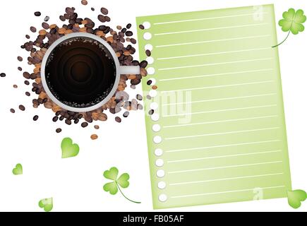 Symbols for Fortune and Luck, A Cup of Coffee and Roasted Coffee Bean with Blank Spiral Paper and Fresh Four Leaf Clover Plants Stock Vector