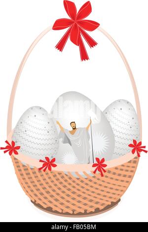 Religion Concept, Vector Illustration of Traditionally Easter Egg on A Beautiful Wicker Basket with Red Bow Isolated on White ba Stock Vector