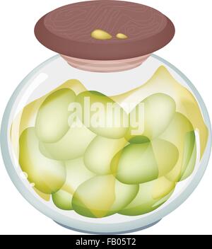 Fruit, Vector Illustration of A Delicious Green Pickled Olives or Marinated Olives in A Glass Jar Isolated on White Background. Stock Vector