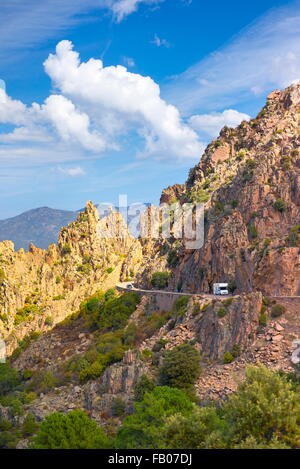 Les Calanches, volcanic red rocks formations mountains landscape, Golfe de Porto, Piana,  Corsica Island, France, UNESCO Stock Photo