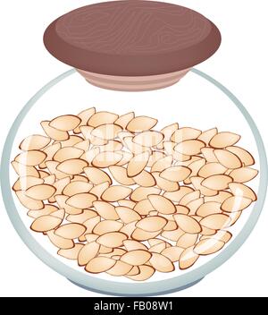 Illustration of Slice Almond Isolated in Glass Jar, Good Source of Dietary Fiber, Vitamins and Minerals. Stock Vector