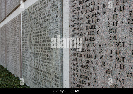 Florence, Italy - November 2015 - Names of Second world war casualties on a tribute wall  in American Second World War Cemetery  Stock Photo