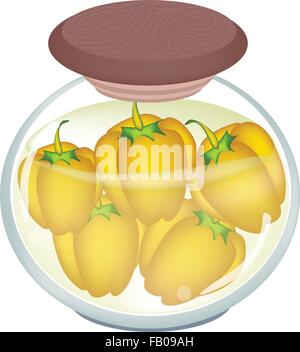 Illustration of Delicious Pickled Orange Bell Peppers or Sweet Peppers in Vinegar, Sugar, Salt and Condiment in A Glass Jar. Stock Vector