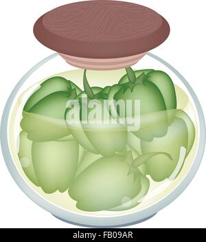 Illustration of Delicious Pickled Green Bell Peppers or Sweet Peppers in Vinegar, Sugar, Salt and Condiment in A Glass Jar. Stock Vector