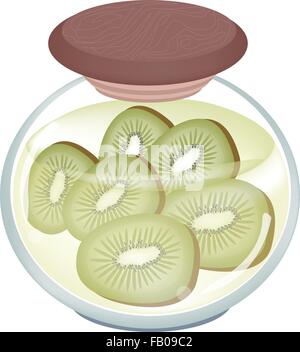 Fruit, An Illustration of Preserved Kiwi, Kiwi Jam or Kiwi Compote in Syrup of Water and Sugar in Glass Jar Isolated on White Ba Stock Vector