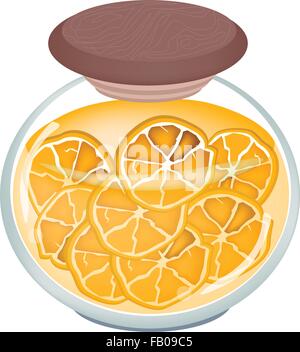 Fruit, An Illustration of Preserved Oranges, Orange Jam or Oranges Compote in Syrup of Water and Sugar in Glass Jar Isolated on Stock Vector