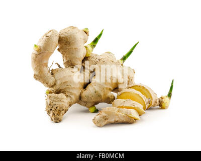Whole and sliced ginger isolated on white background