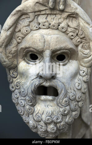Tragedy mask. Detail of the Melpomene's statue, Muse of singing and Tragedy. Roman statue. 2nd century AD. Marble. From Monte Calvo. Italy. Ny Carlsberg Glyptotek. Copenhagen, Denmark. Stock Photo