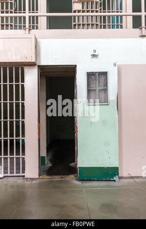 Prison cell door for an isolation cell at Alcatraz penitentiary in San Francisco, California Stock Photo
