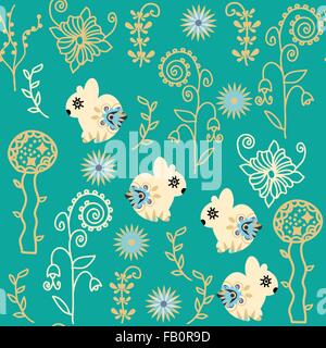 Bright  abstract seamless pattern with adorable bunnyes,  flowers and seamless pattern in swatch menu, vector image. Cute textur Stock Vector