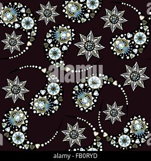 Colorful dark Paisley seamless pattern  and seamless pattern in swatch menu, vector illustrations. Cute texture for design surfa Stock Vector