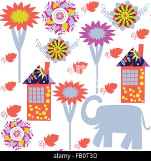 Seamless pattern with elephants and seamless pattern in swatch menu, vector illustration. Cute texture for design Stock Vector