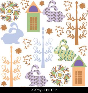 Seamless kids pattern with rabbits  and seamless pattern in swatch menu, vector illustration. Cute texture for different design Stock Vector