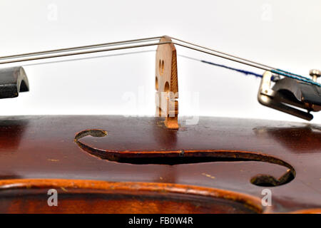 Close up view on violin strings and violin body Stock Photo