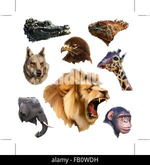 Animal heads, low poly style icons set Stock Vector