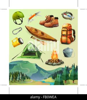 Camp set of vector icons, low poly style Stock Vector