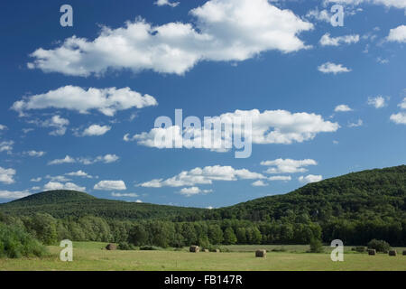 Landscape with field, hay bales and hills Stock Photo