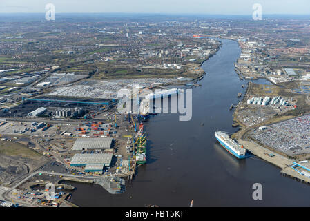 An aerial view from Jarrow looking along the River Tyne towards Newcastle City Centre Stock Photo