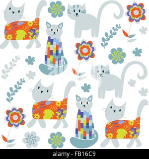 Cute cats seamless pattern and seamless pattern in swatch menu, vector image Stock Vector