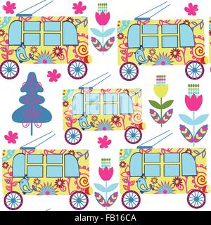 Cute colorful  seamless pattern with fantasy trolleybus and seamless pattern in swatch menu, vector image Stock Vector