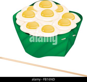 Thai Street Food, An Illustration Fried Quail Eggs in Banana Leaf Container Isolated on A White Background. Stock Vector