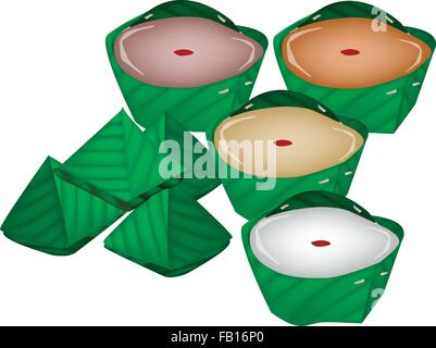 An Illustration of Stuffed Dough Pyramid Dessert and Chinese Pudding or Chinese Sweetmeat Made From Sticky Rice Flour and Palm S Stock Vector