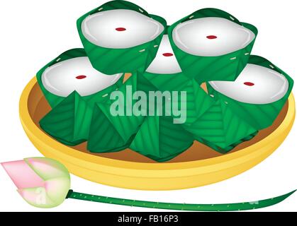 Illustration of Stuffed Dough Pyramid Dessert and Chinese Pudding or Chinese Sweetmeat Made From Sticky Rice Flour and Palm Suga Stock Vector