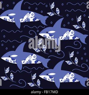 Cartoon killer whale seamless pattern  and seamless pattern in swatch menu, vector image Stock Vector
