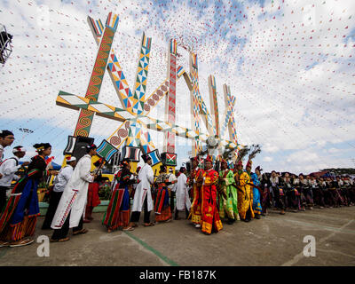 Manau Dance, traditional ceremony of Kachin people to celebrate Kachin National Day in Myitkyina, Myanmar Stock Photo