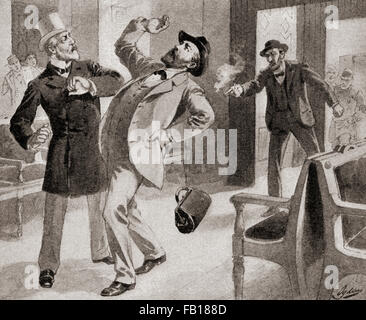 The assassination of President James A. Garfield at the Baltimore and Potomac Railroad Station, Washington D.C.,  America on July 2, 1881, by Charles Julius Guiteau.  Secretary of State James G. Blaine stands at left of picture. James Abram Garfield, 1831 – 1881.  20th President of the United States.  Charles Julius Guiteau, 1841 – 1882.  American writer and lawyer.  James Gillespie Blaine, 1830 – 1893.  American statesman and Republican politician. Stock Photo
