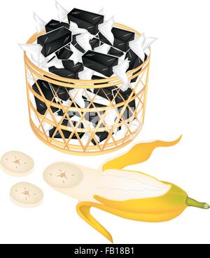 Illustration of Thai Style Sweet Candy or Banana Candy Wrapped in Candy Wrapper in A Beautiful Wicker Basket. Stock Vector