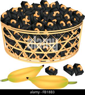 Illustration of Thai Style Sweet Candy or Banana Candy with Roasted Cashew Nuts in A Beautiful Wicker Basket. Stock Vector