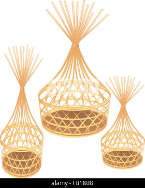 An Illustration Thee Beautiful Brown Handicraft Bamboo Wicker Basket Isolated on A White Background. Stock Vector